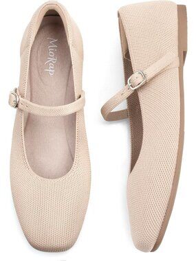 Women's Nude Comfortable Knit Ballet Square Toe Adjustable Straps Shoes Flats
